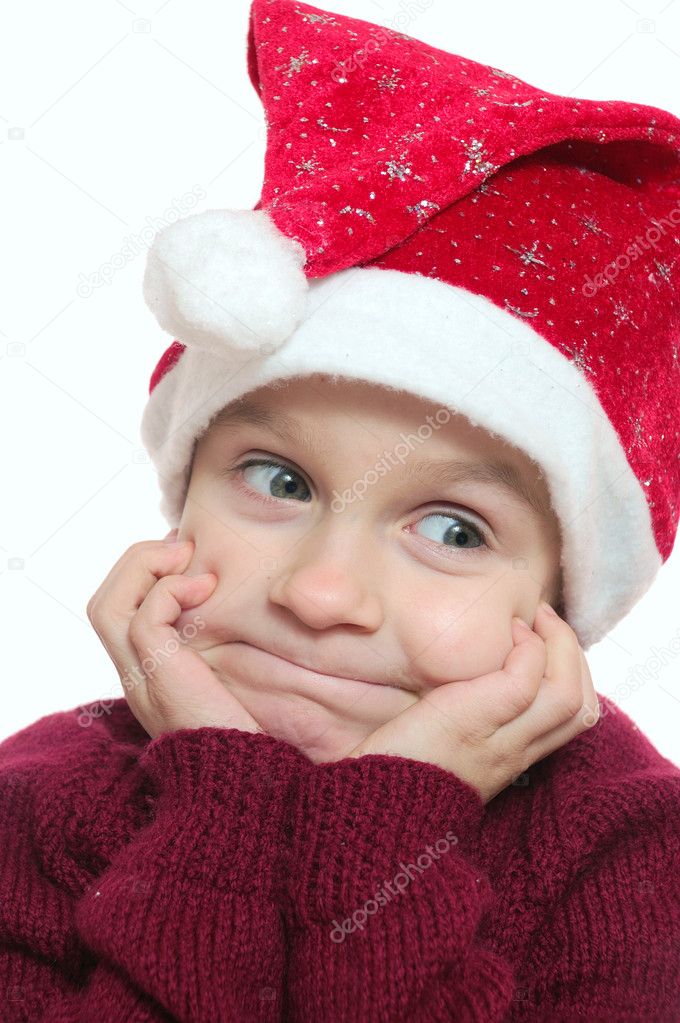 niño usando <b>santa rojo</b> — Foto de Cherry-Merry - depositphotos_3281510-Funny-face-of-child-wearing-red-Santa