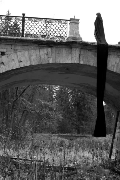 Alone girl in fall park in old bridge