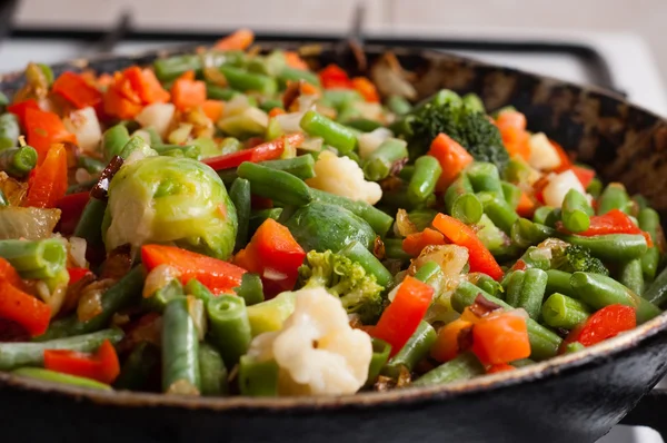 Vegetables on a frying pan.