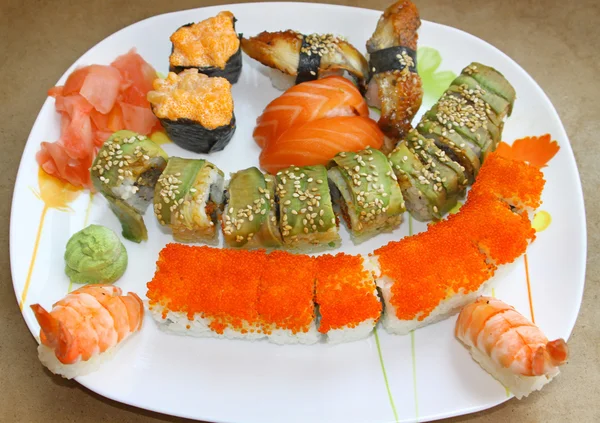 Japanese sushi set on a white plate