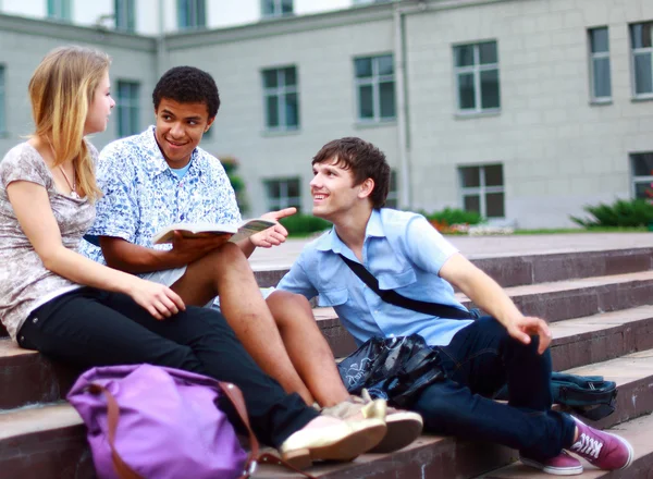 Group students outside sitting on steps
