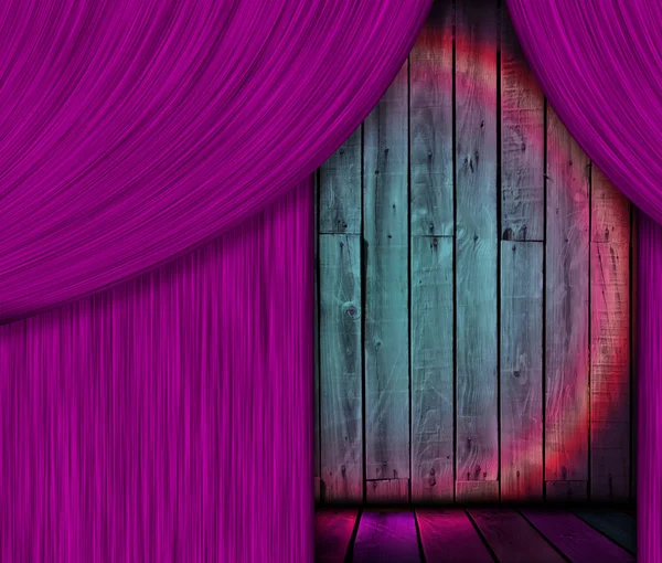 Wooden Stage Behind Purple Curtain