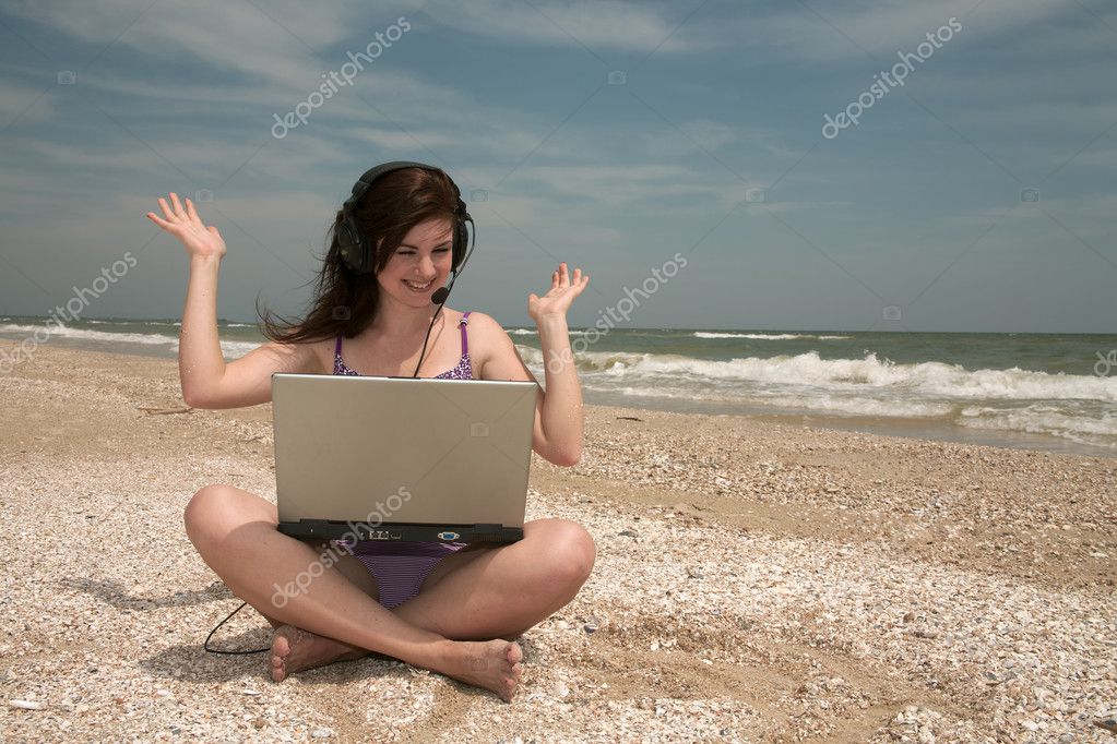 Download this Beach Girl And Laptop Stock Image picture