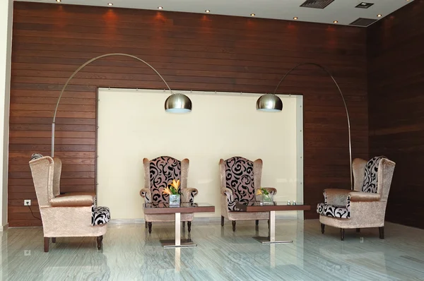 Modern reception interior at luxury Greek hotel, Crete, Greece