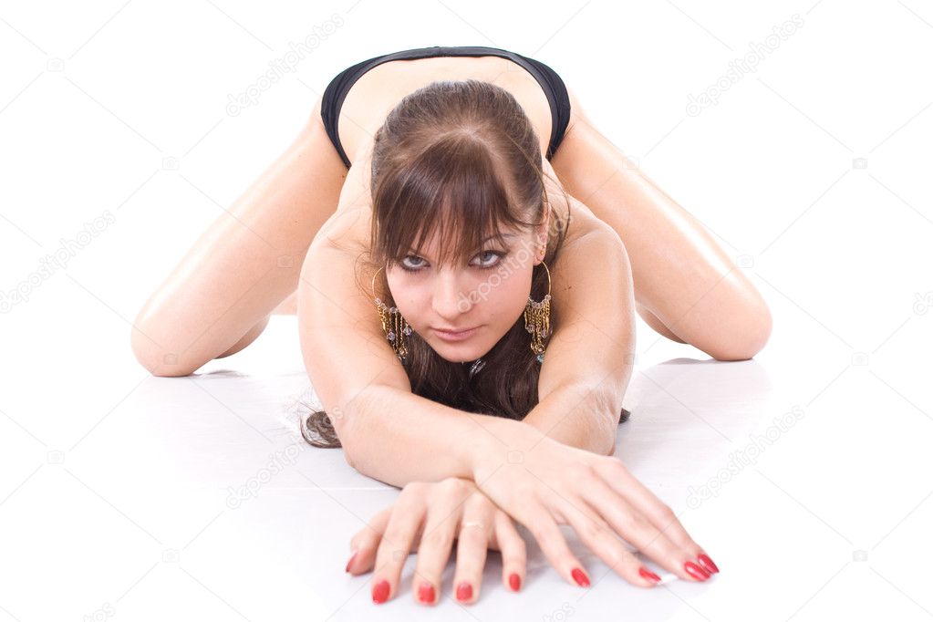 Naked girl in a small defocusing on white background