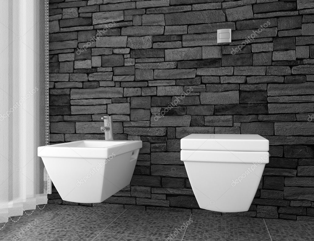Baño moderno con muro de piedra negra y el equipo blanco — fotos ...