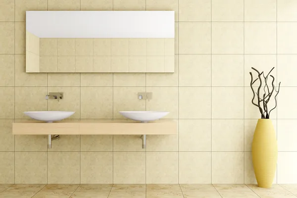 Modern bathroom with beige tiles on wall and floor