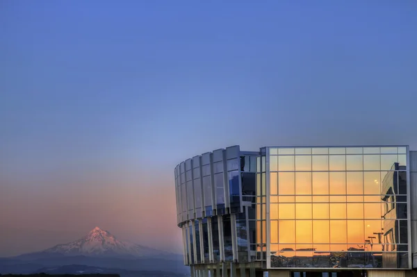 Sunset on Airport Building and Mount Hood