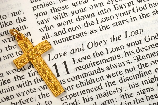 A golden cross on the bible concepts of love and obey the Lord