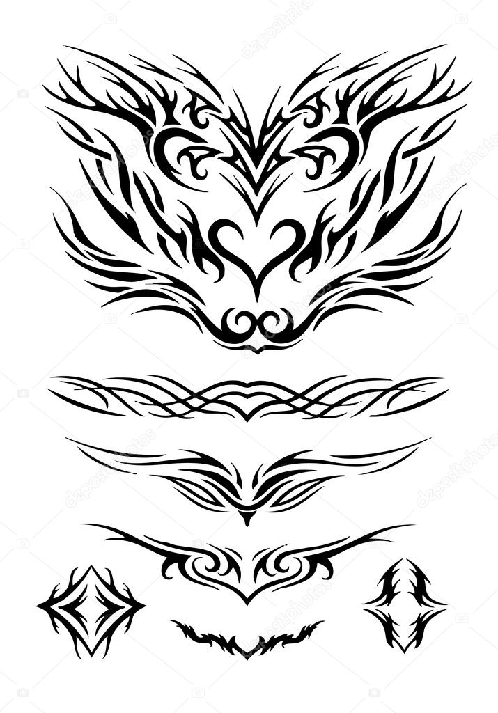 A collection of tribal tattoo design illustrating abstract wings