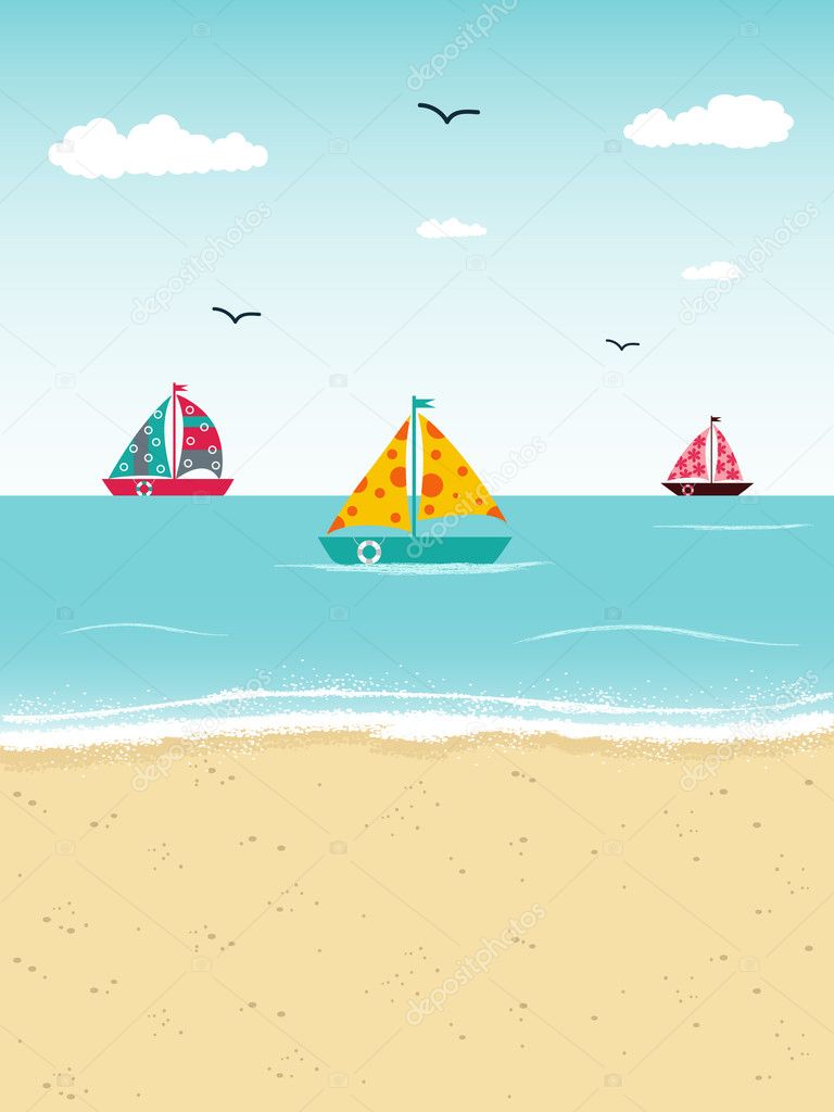 Cartoon seascape with boats - Stock Illustration