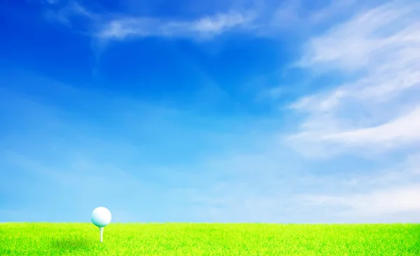 Golf ball on grass under blue sky with H