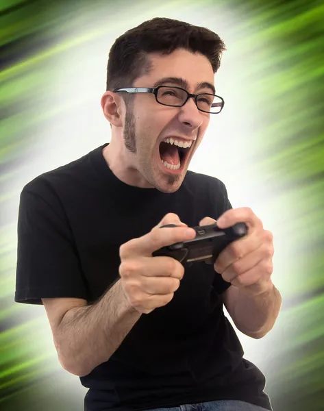 Excited man playing video games