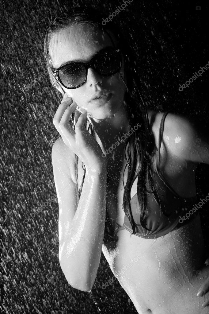 Pretty teen in shower bw image