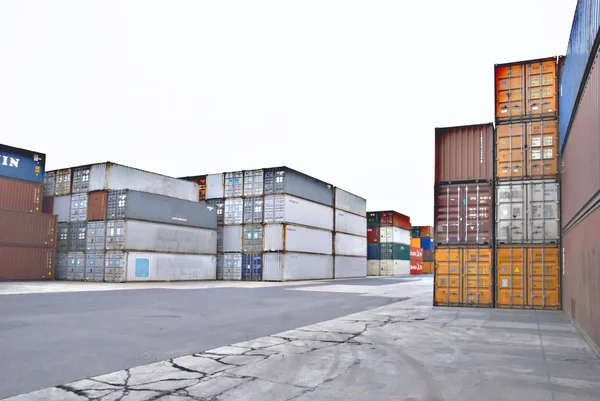Stacked containers in an industrial area