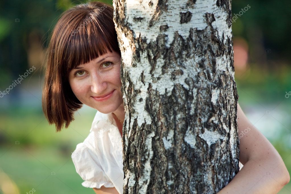 Sensual women and birch tree Outdoors shot