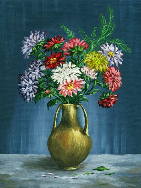 Bouquet of asters in a clay vase