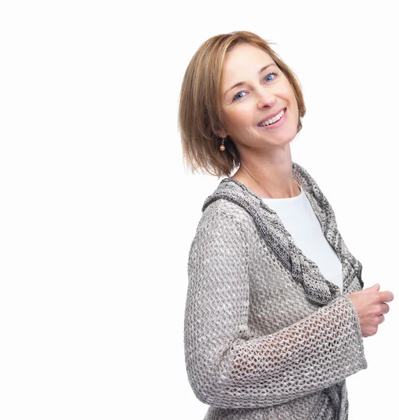 Portrait of beautiful mature woman posing against white backgrou by Yuri 