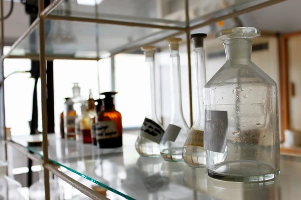 Lab interior of shelves and bottles