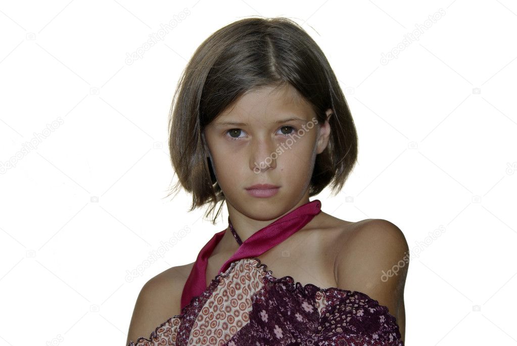 Young teen model brunette starring narrowly at camera isolated white