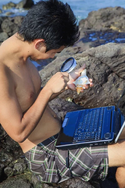 Asian man studies a seashell
