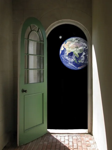 Earth and Moon through Arched Doorway