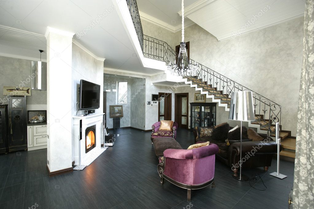 Interieur van een woonkamer met open haard — stockfoto ... Woonkamer interieur haard