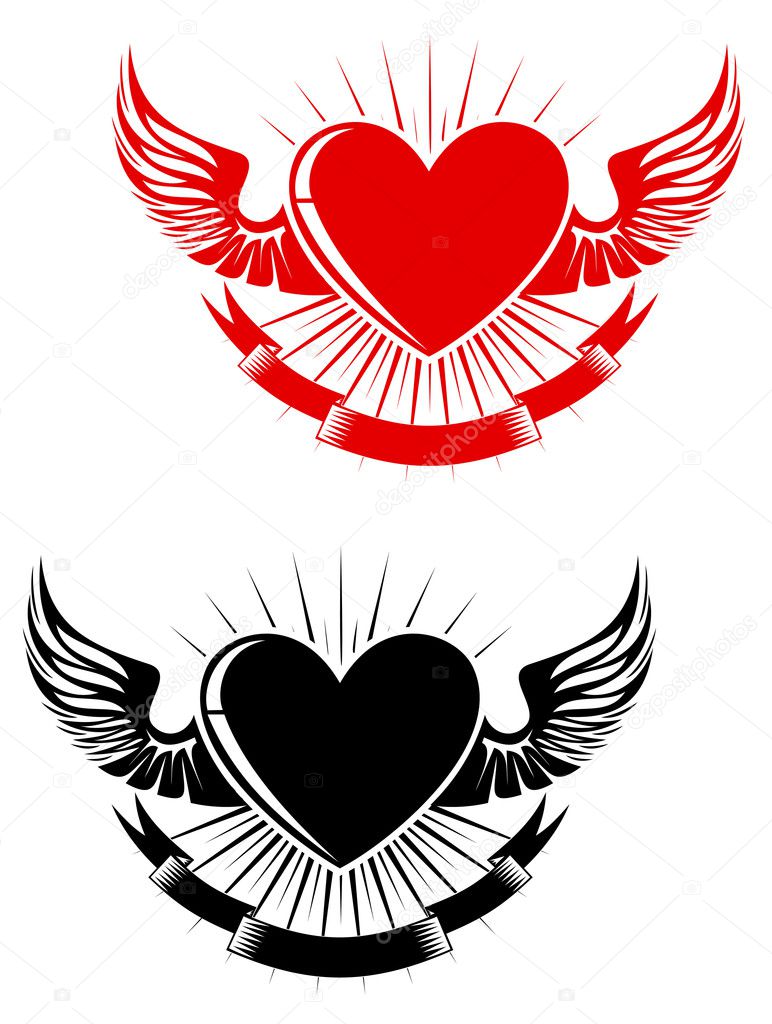 Heart with Ribbon Wings Tattoos