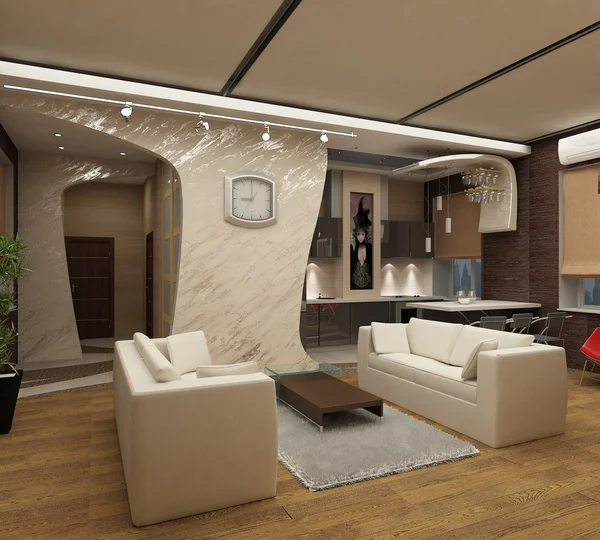 3d rendering.Modern interior of a drawing room in light tones with a kind o