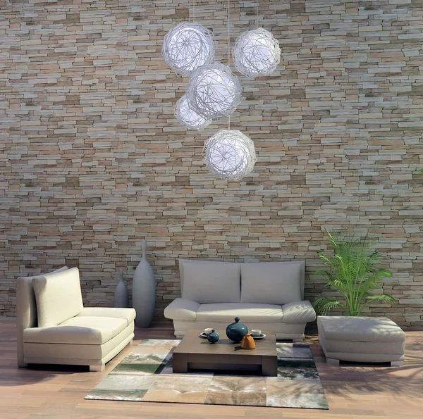 3d rendering. Drawing room a room with a stone wall and with cosy sofas and