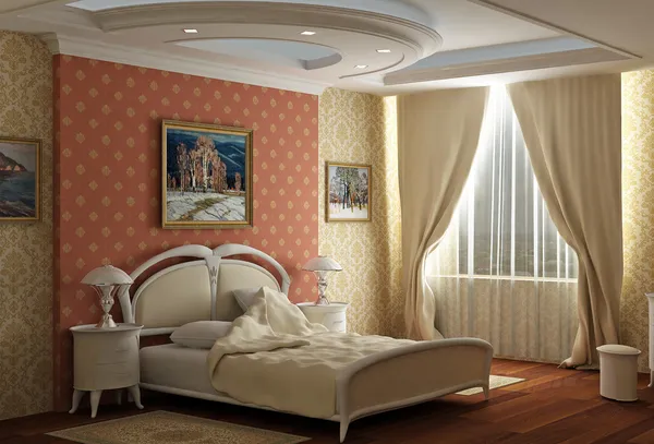 3d rendering. Bedroom with the big double bed with white bed. Design in cla