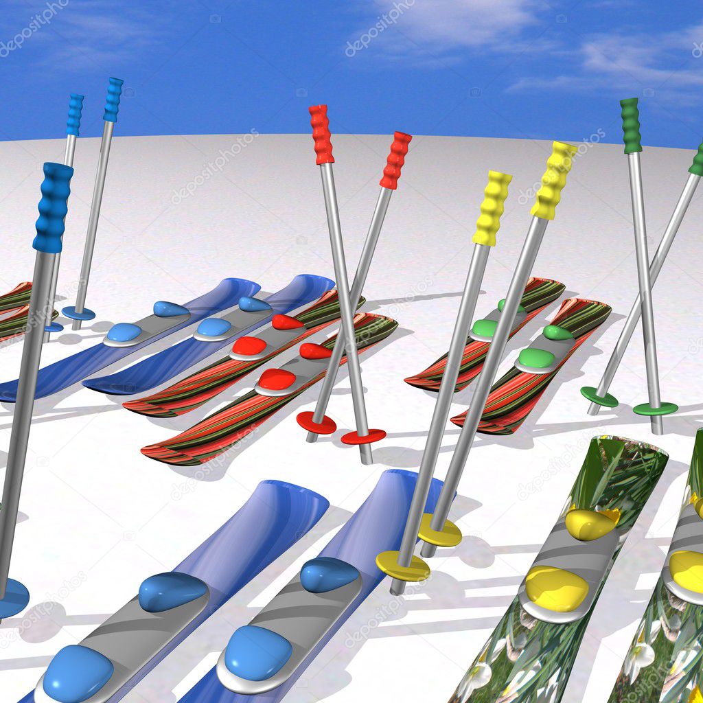 Many mountain skis with fastenings and mountainskiing sticks — Stock