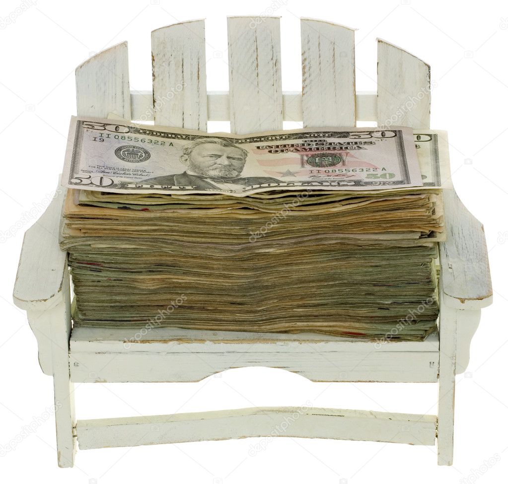 Big Stack of Twenty Dollar Bills in a Chair: Vacation Money — Stock