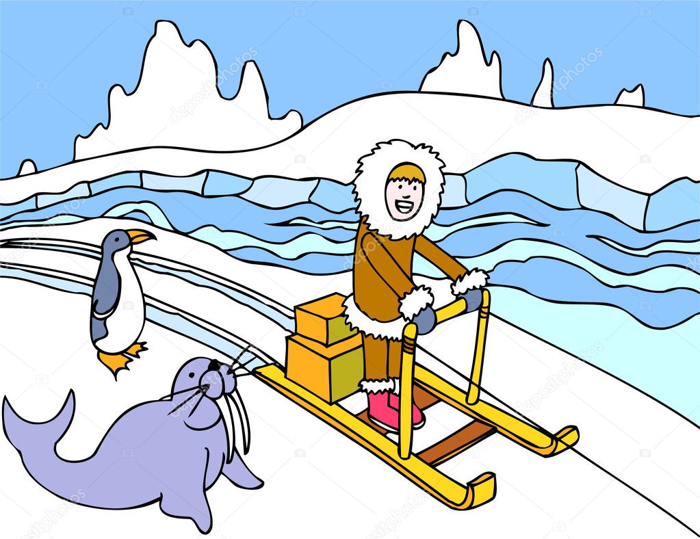 Man rides a sled through the arctic tundra. Walrus and penguin are nearby. depositphotos 3987514 Eskimo Sled Ride Aussie Surf Lifesavers In Trunks. by Marc on December 15, 2010