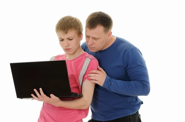 Apa és fia, laptop — Stock Fotó