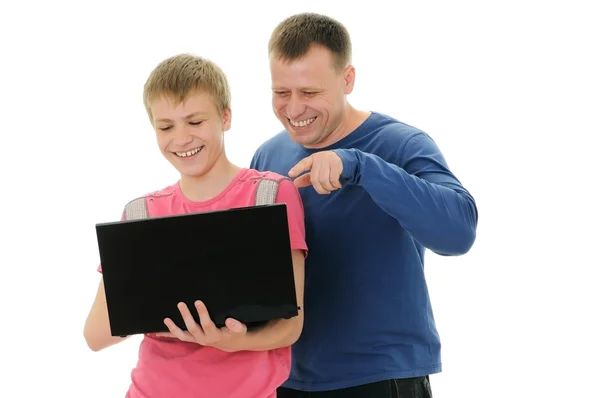 Apa és fia, laptop — Stock Fotó