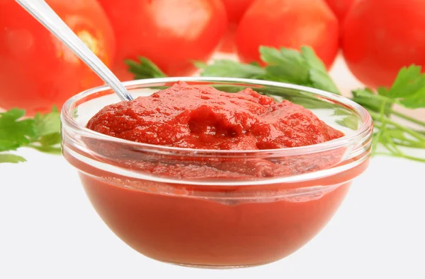 Ketchup in glass dish — Stock Photo, Image