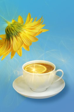 Still-life with lemon-tea and yellow flowers clipart