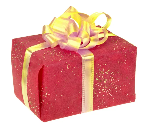 Red square box with golden bow — Stock Photo, Image