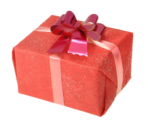 Gift in a red square box with bow — Stock Photo, Image