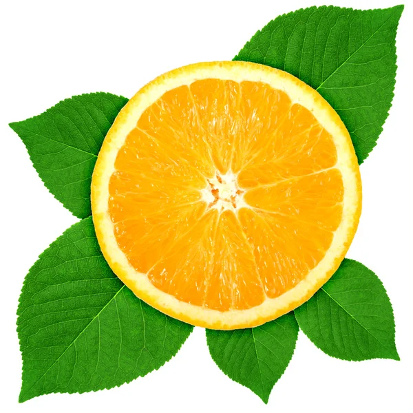 Seção transversal única de laranja com folha verde — Fotografia de Stock