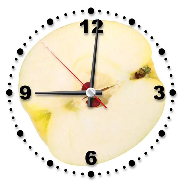 单交叉的黄色苹果作为办公室时钟 — 图库照片