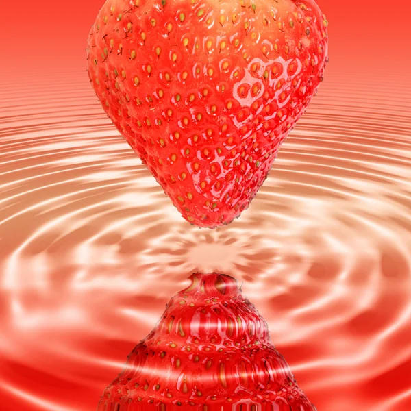 Reflection a single red strawberry in juice — Stock Photo, Image