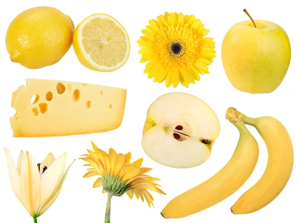 Set di frutti gialli, cibo e fiori — Foto Stock