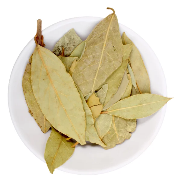 stock image Heap of dried laurel leaf on white plate