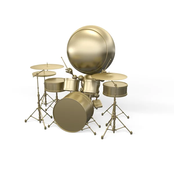 Cool zlatý bubeník sedí za bicí soupravu a play — Stock fotografie