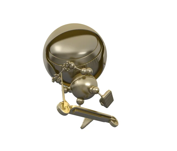 Goldenes Roboterkind mit Kopfhörern springt mit Roller — Stockfoto