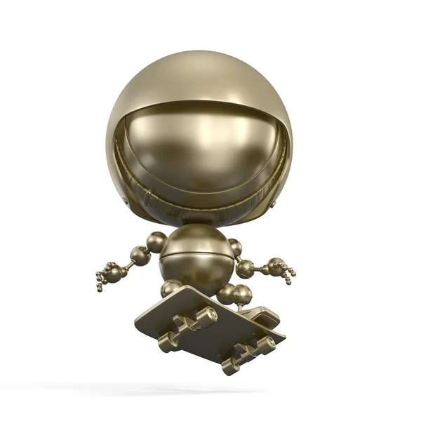 Gouden robot in helm die op skate springt — Stockfoto