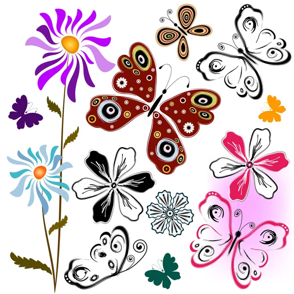 Set de mariposas y flores — Vector de stock