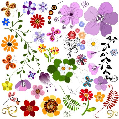 Big collection flowers and butterflies clipart